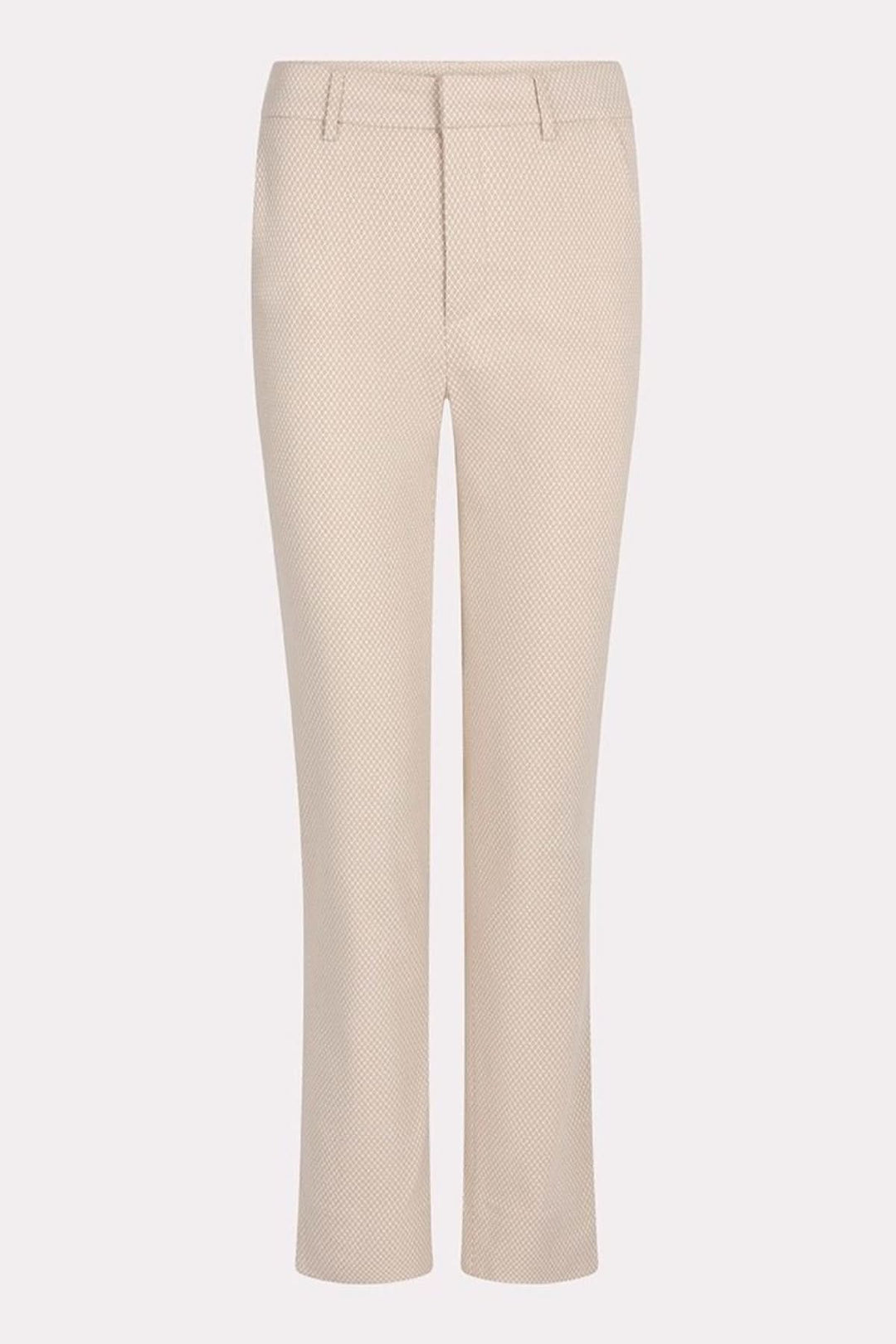 Pantalon droit en jacquard texturé beige, taille mi-haute, élégant pour un style chic-décontracté.