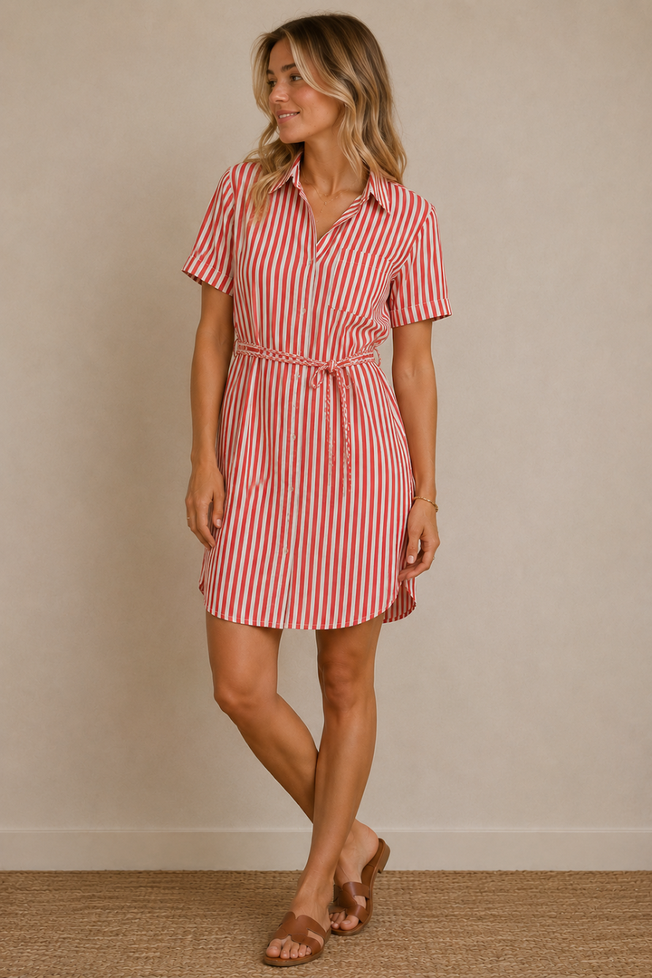 Striped shirt dress with a belt