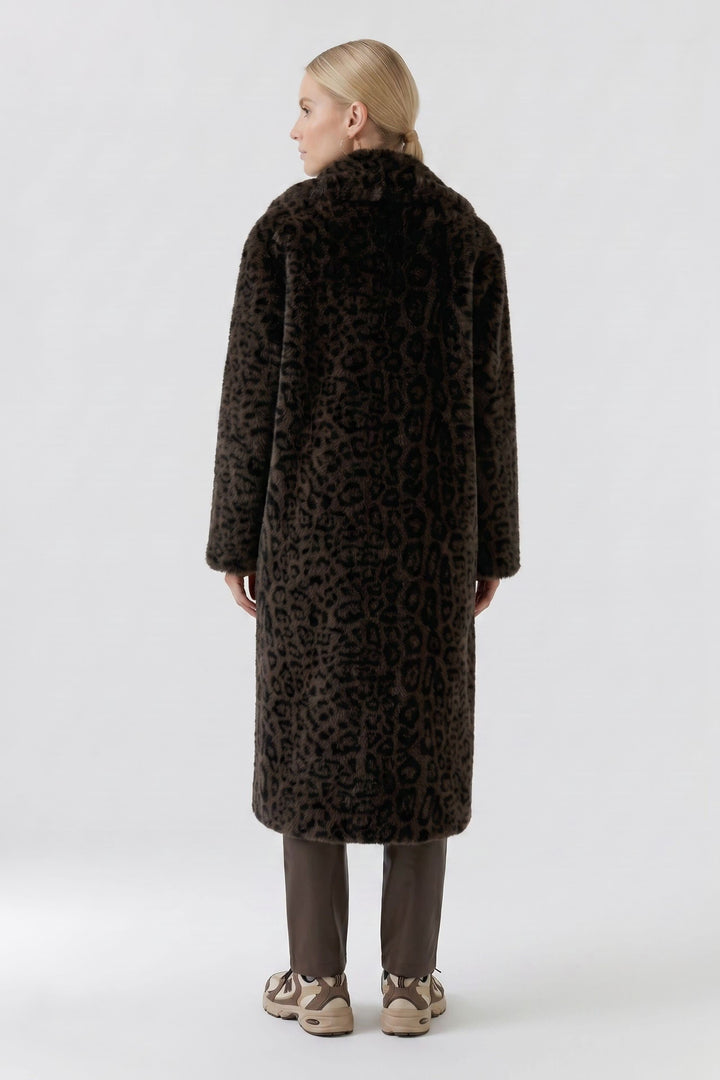 Vue de face manteau léopard effet fourrure beige-foncé avec col détaillé Oui pour femme - Valérie Simon