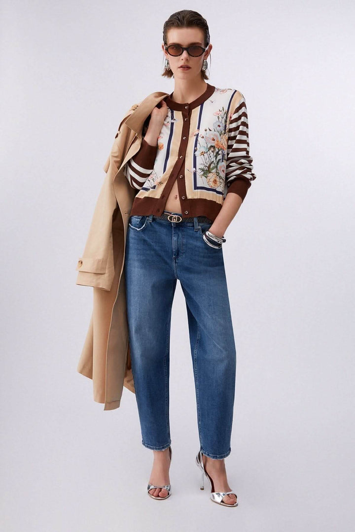 Long-sleeve cardigan with contrasting patterns