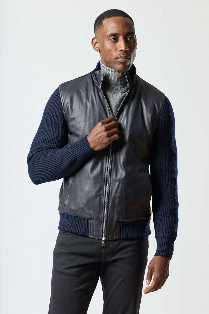 Blouson hybride cuir & tricot zippé