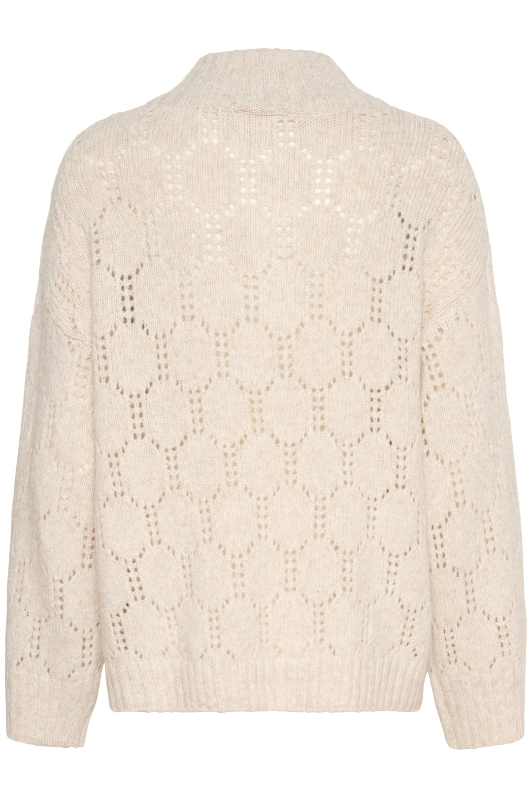 Chandail Zilla ajouré à demi-fermeture éclair avec motif délicat, col montant, idéal pour un style chic et douillet en laine beige.