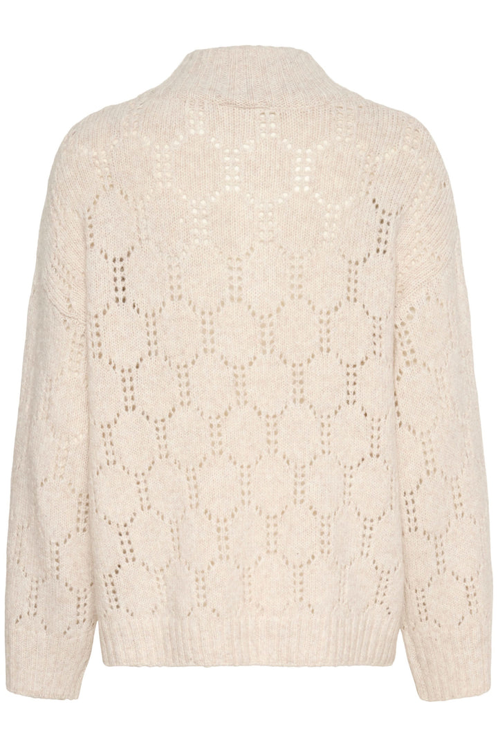 Chandail Zilla ajouré à demi-fermeture éclair avec motif délicat, col montant, idéal pour un style chic et douillet en laine beige.