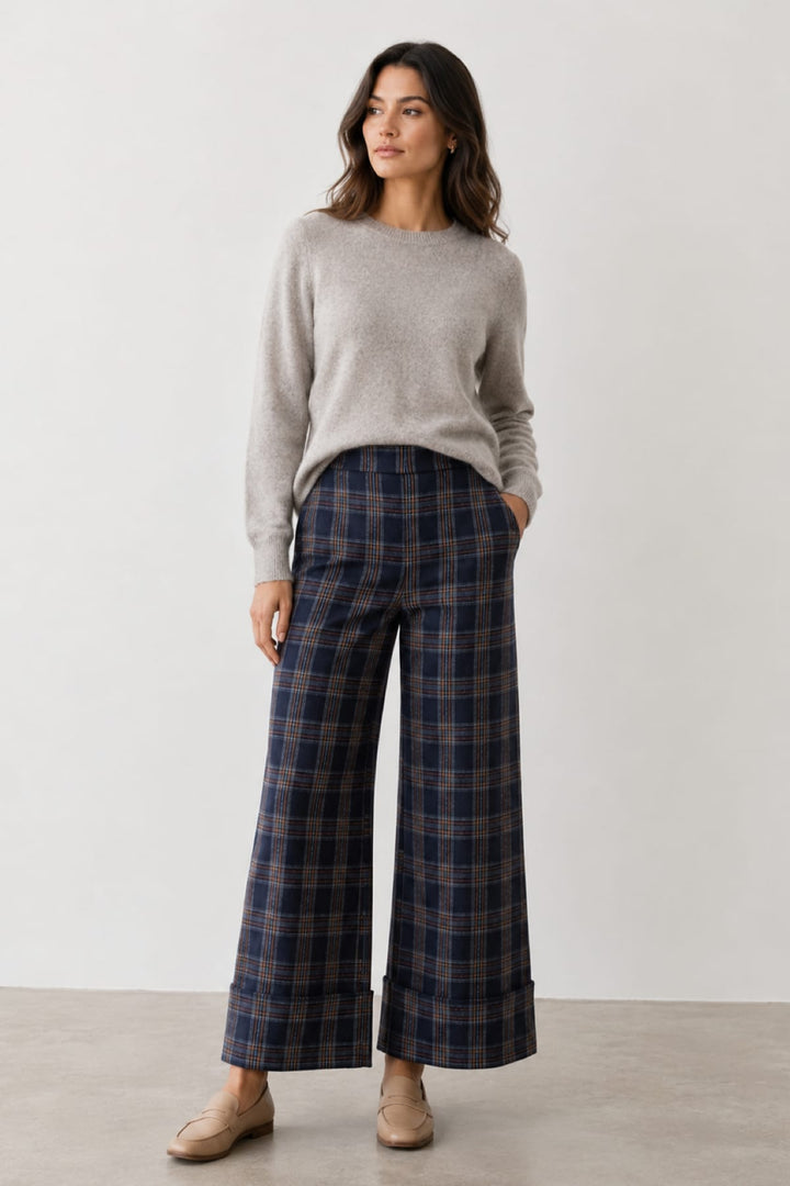 Pantalon à carreaux à jambe large vue de face pour femme Coco y Club