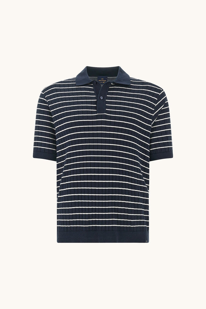 Vue de face polo tricot rayé Paul and Shark pour homme bleu avec logo brodé - Valérie Simon