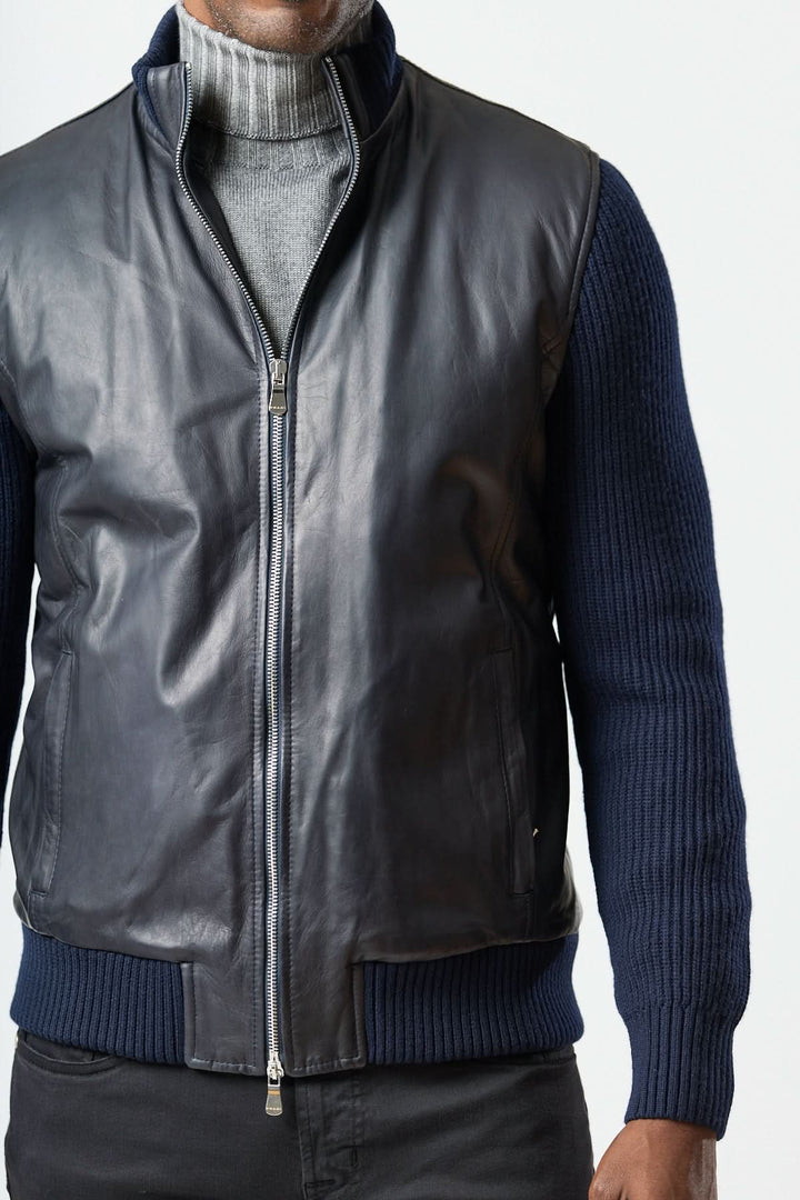 Blouson hybride cuir & tricot zippé