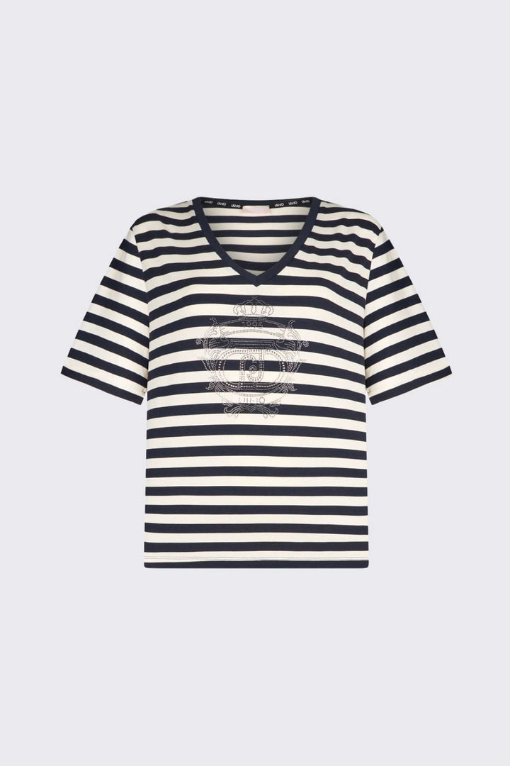 T-shirt rayé col en V avec motif décoratif