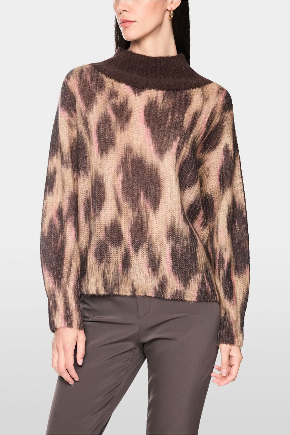 Women's front-view brown and black leopard mock-neck sweater by Marc Cain