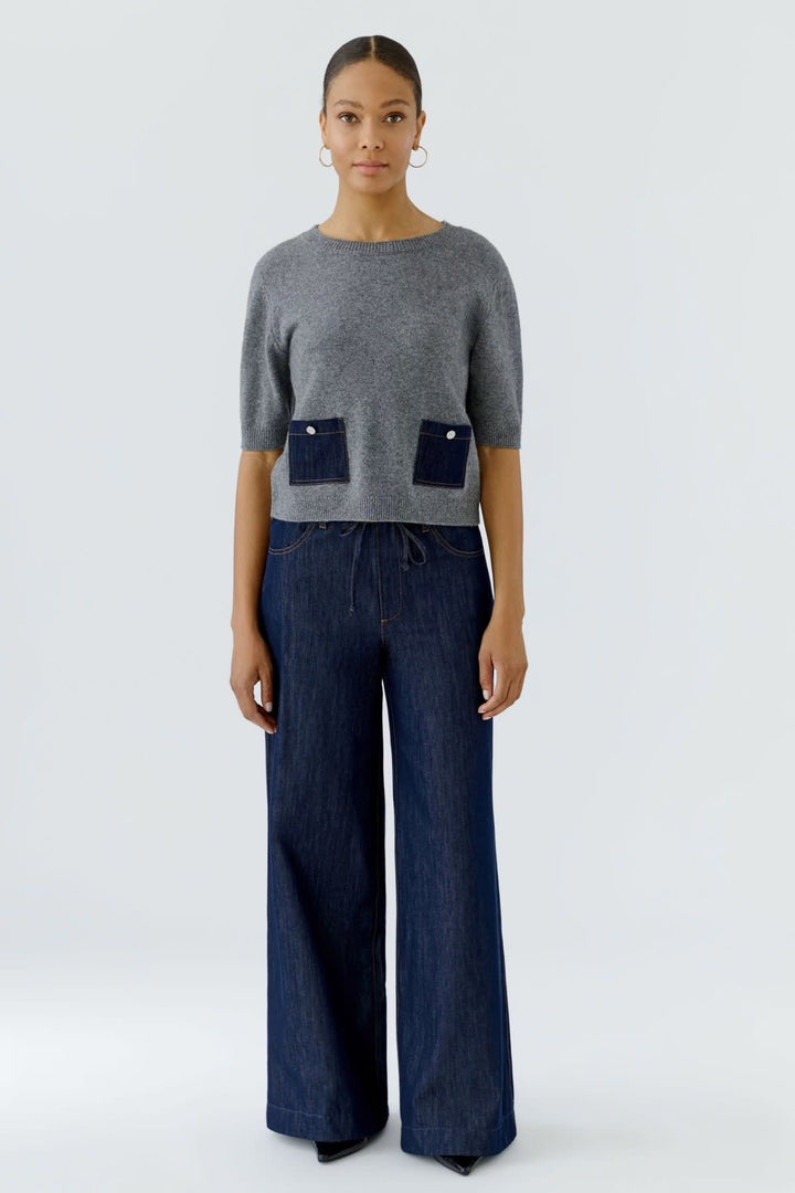 Chandail à manches mi-longues avec poches en denim vue de face pour femme Oui