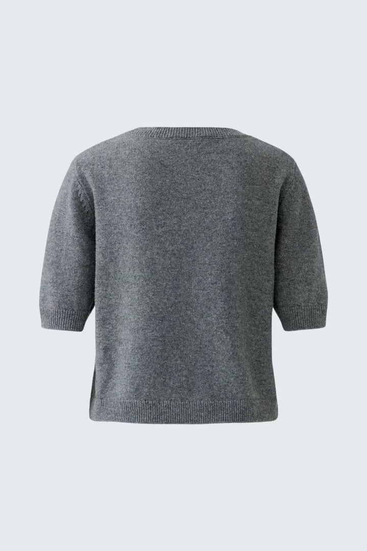 Pull bleu à manches mi-longues avec poches en denim vue de face pour femme Oui