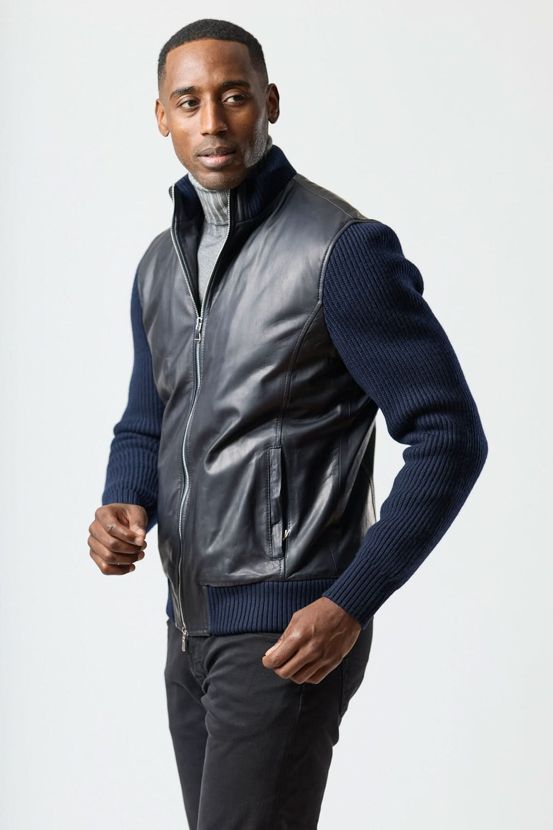 Blouson hybride cuir & tricot zippé