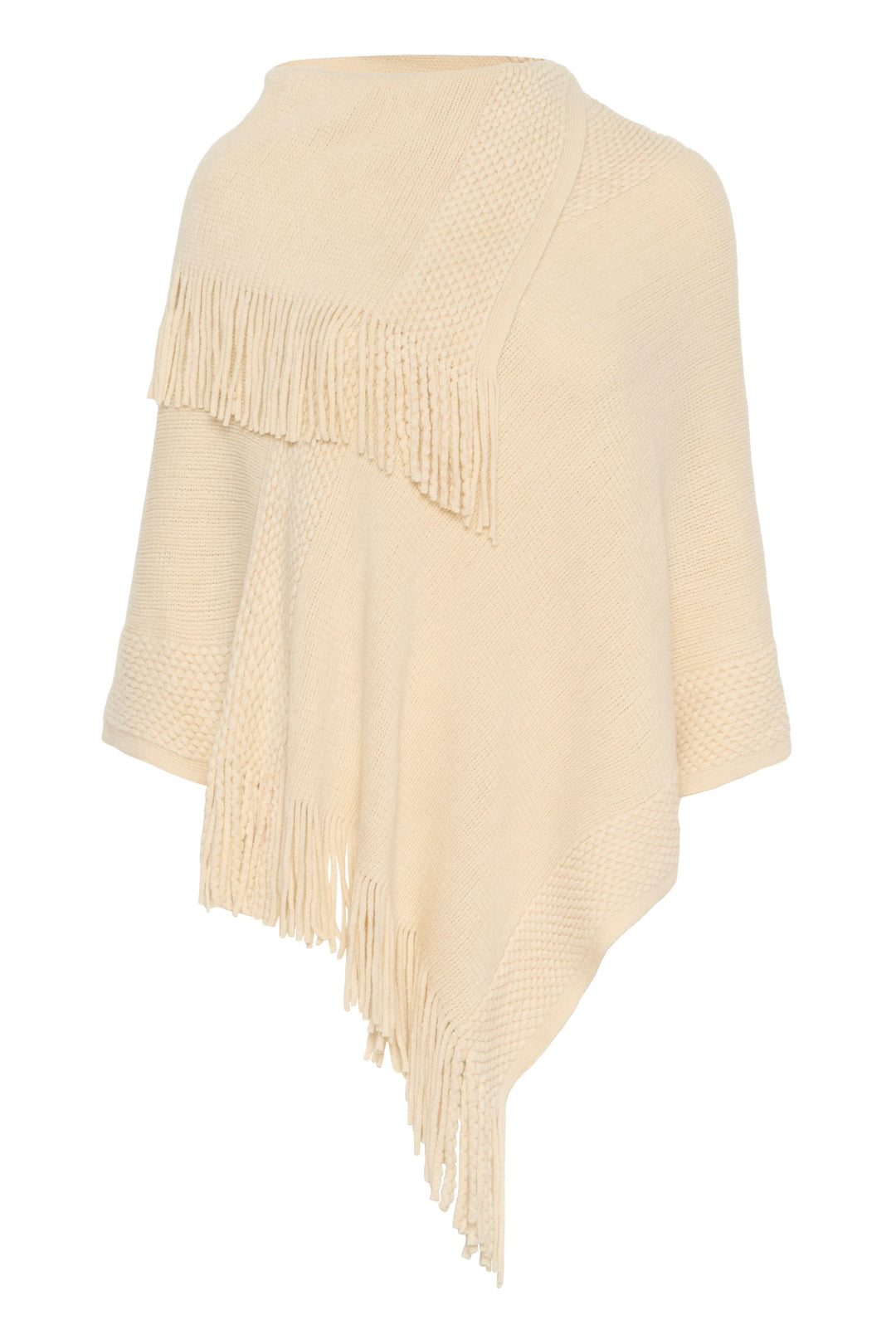 Cape en tricot à franges beige avec texture raffinée et col drapé, idéale pour tenues automnales élégantes et décontractées.