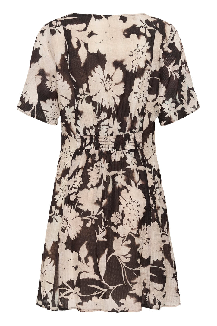 Vue de côté robe courte floral Cream pour femme jaune avec détails boutons Valérie Simon