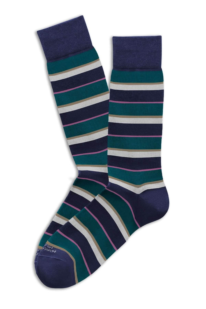 Bas à rayures multicolores avec un design graphique, parfait pour un look moderne et audacieux.