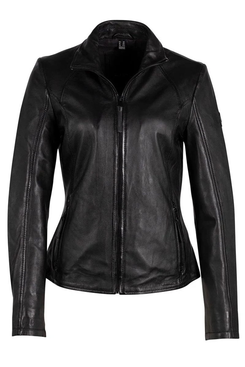 Veste Elsa en cuir véritable, coupe ajustée, élégance intemporelle, style minimaliste, col montant discret.