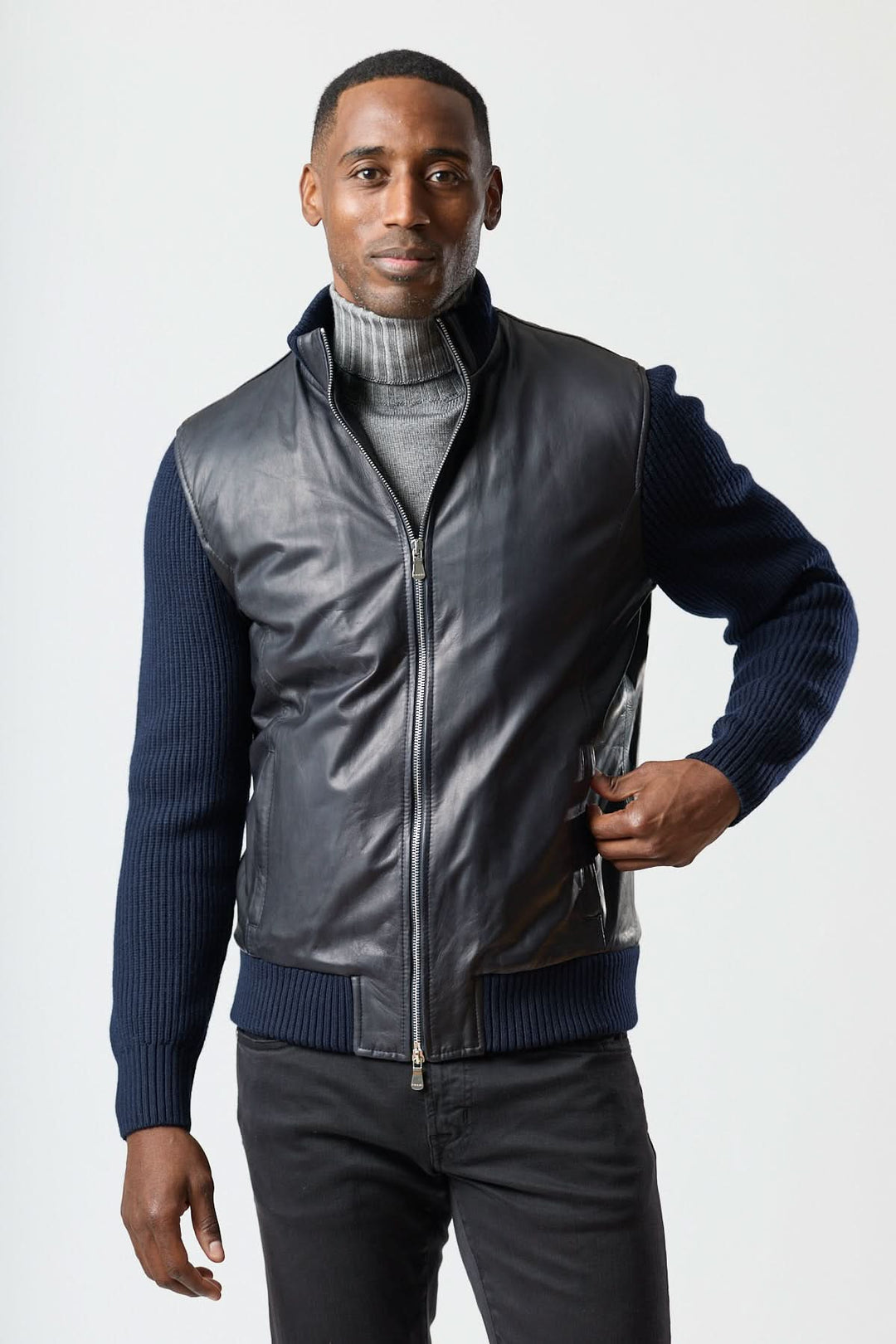 Blouson hybride cuir & tricot zippé