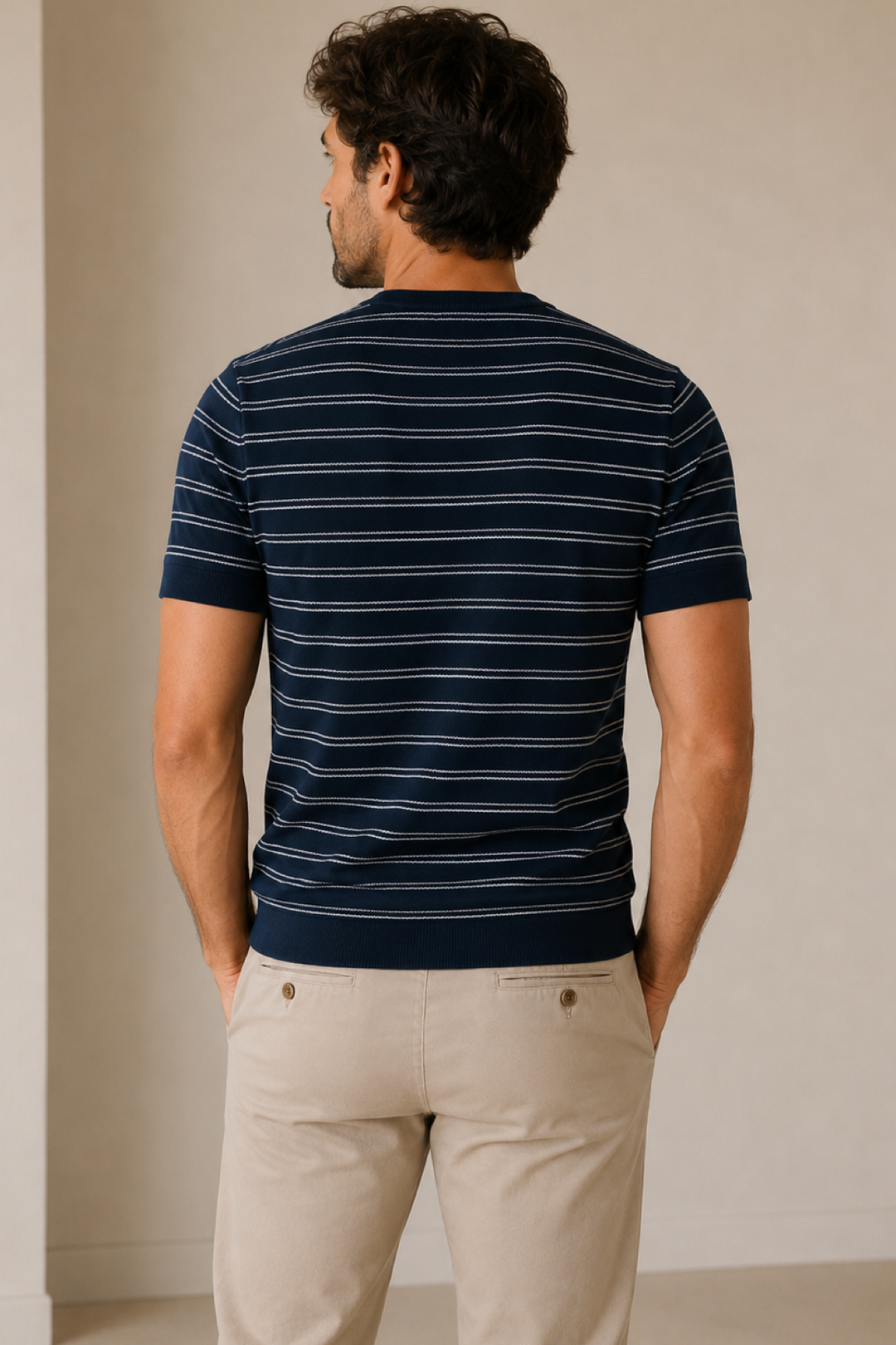 Short-sleeved striped knit T-shirt
