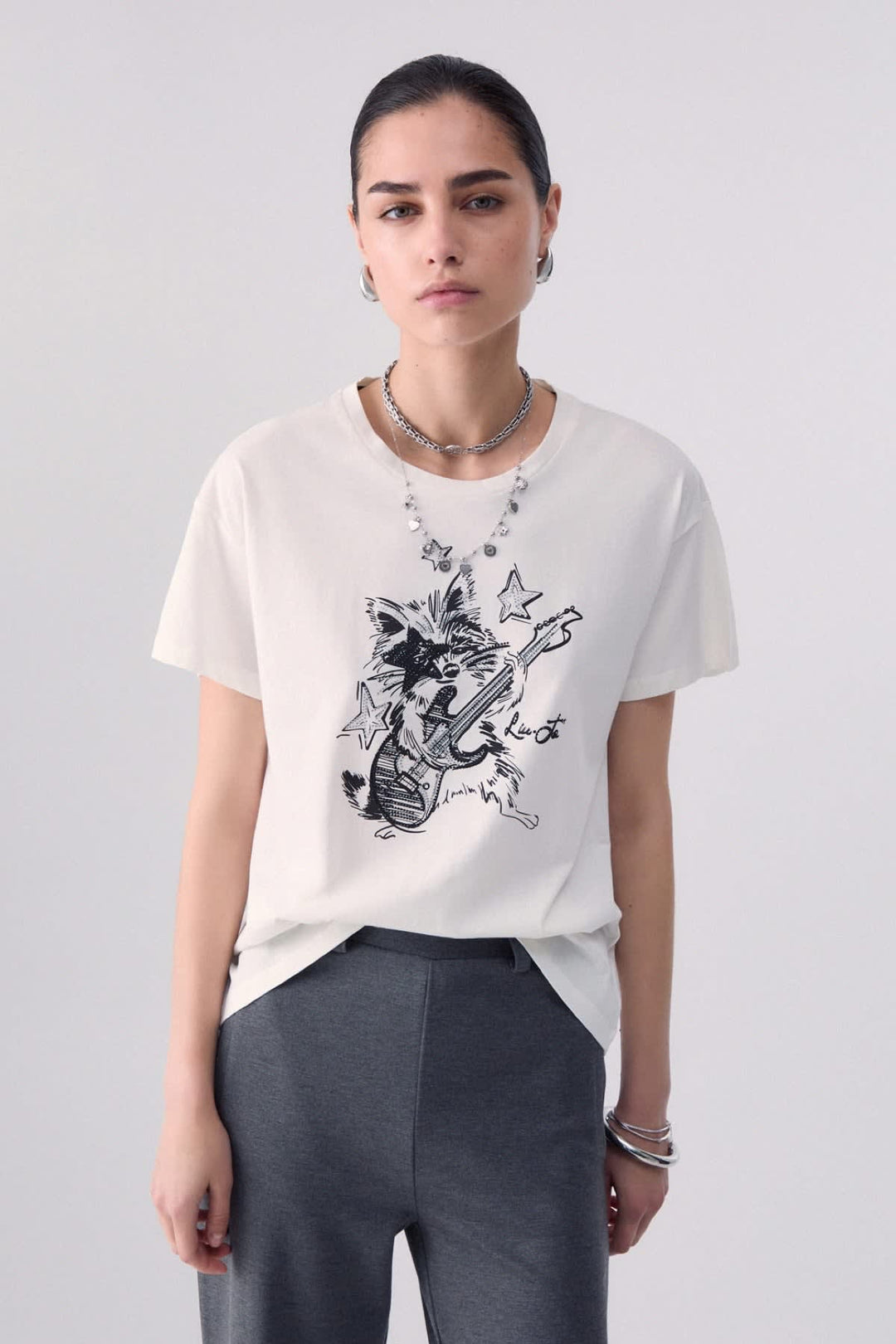 Front view raccoon print T-shirt for women liujo