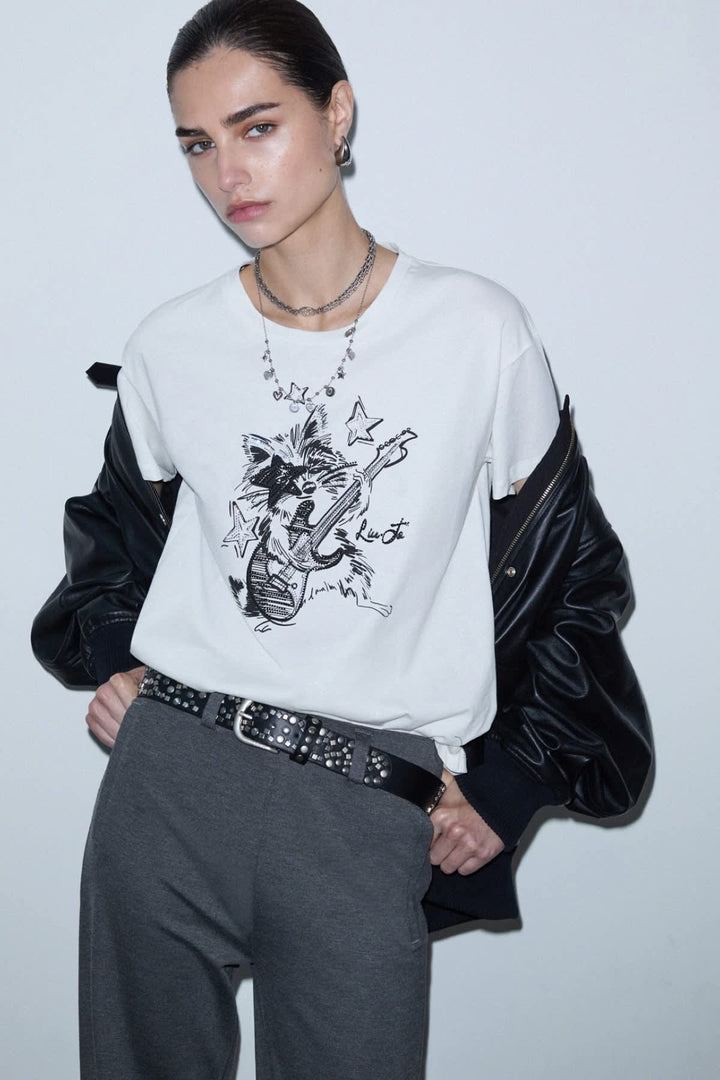 Front view raccoon print T-shirt for women liujo