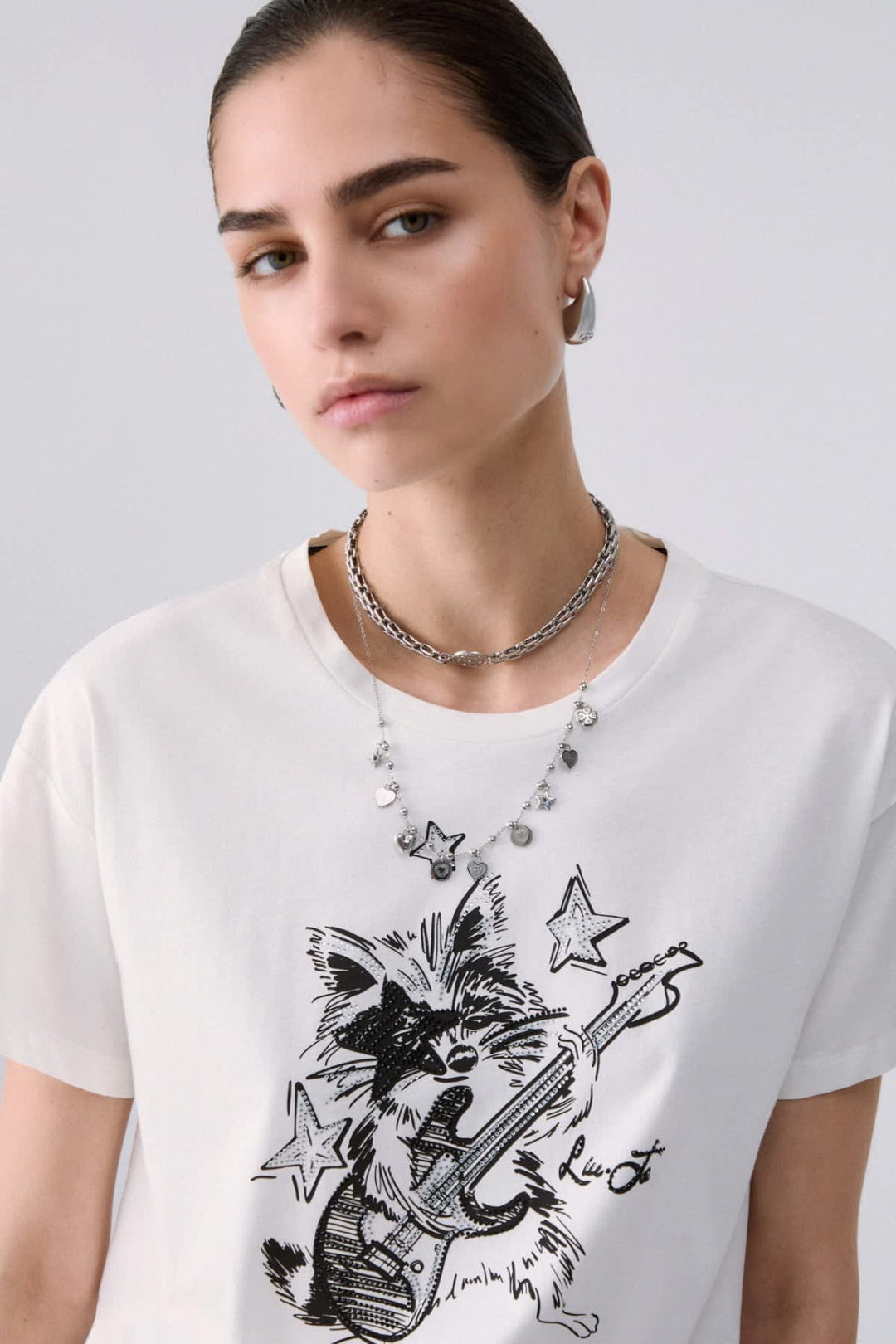 Front view raccoon print T-shirt for women liujo