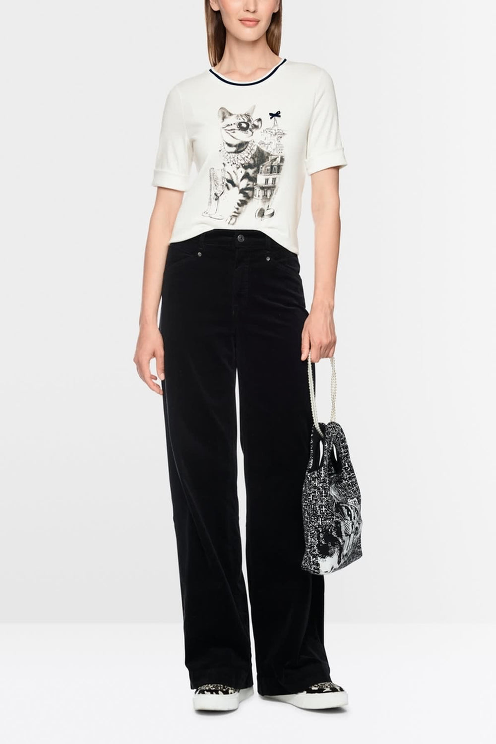 Women's cat-print T-shirt with jewelry details, front view, by Marc Cain