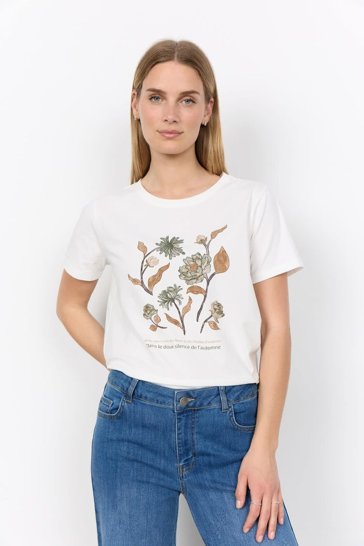Vue de face T-shirt imprimé floral Soya Concept femme blanc motifs floraux colorés - Valérie Simon