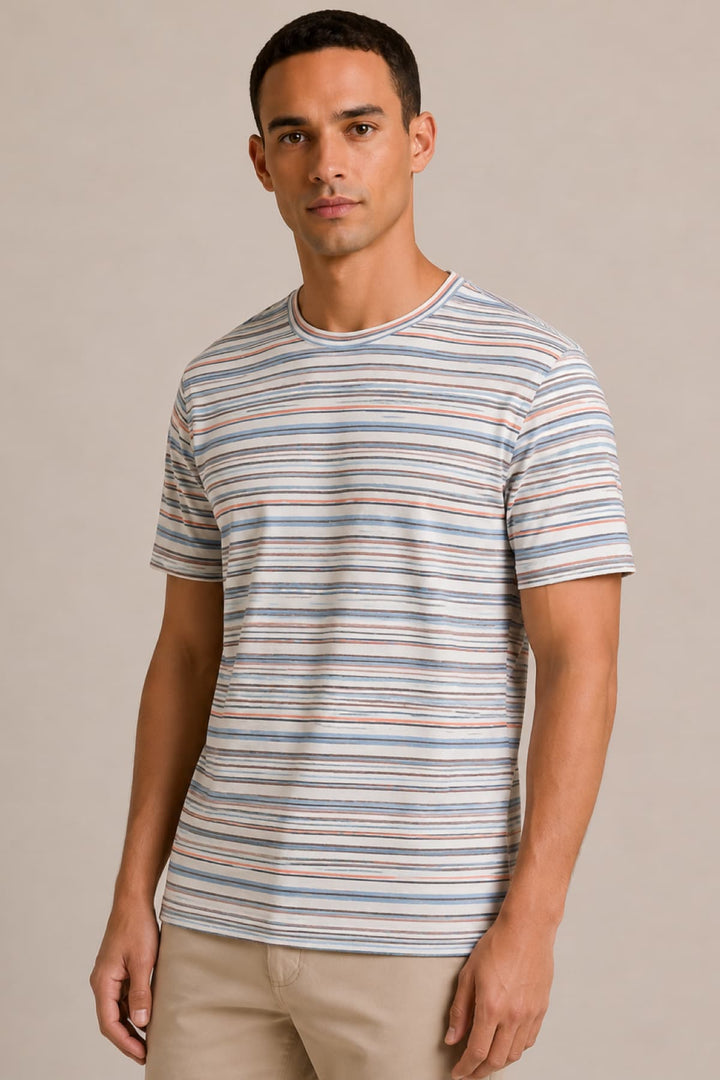 Front view of the Tom Tailor blue and white short-sleeve striped men&