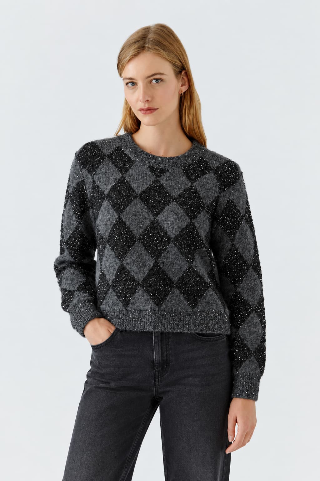 Tricot à losanges et sequins pour femme Oui