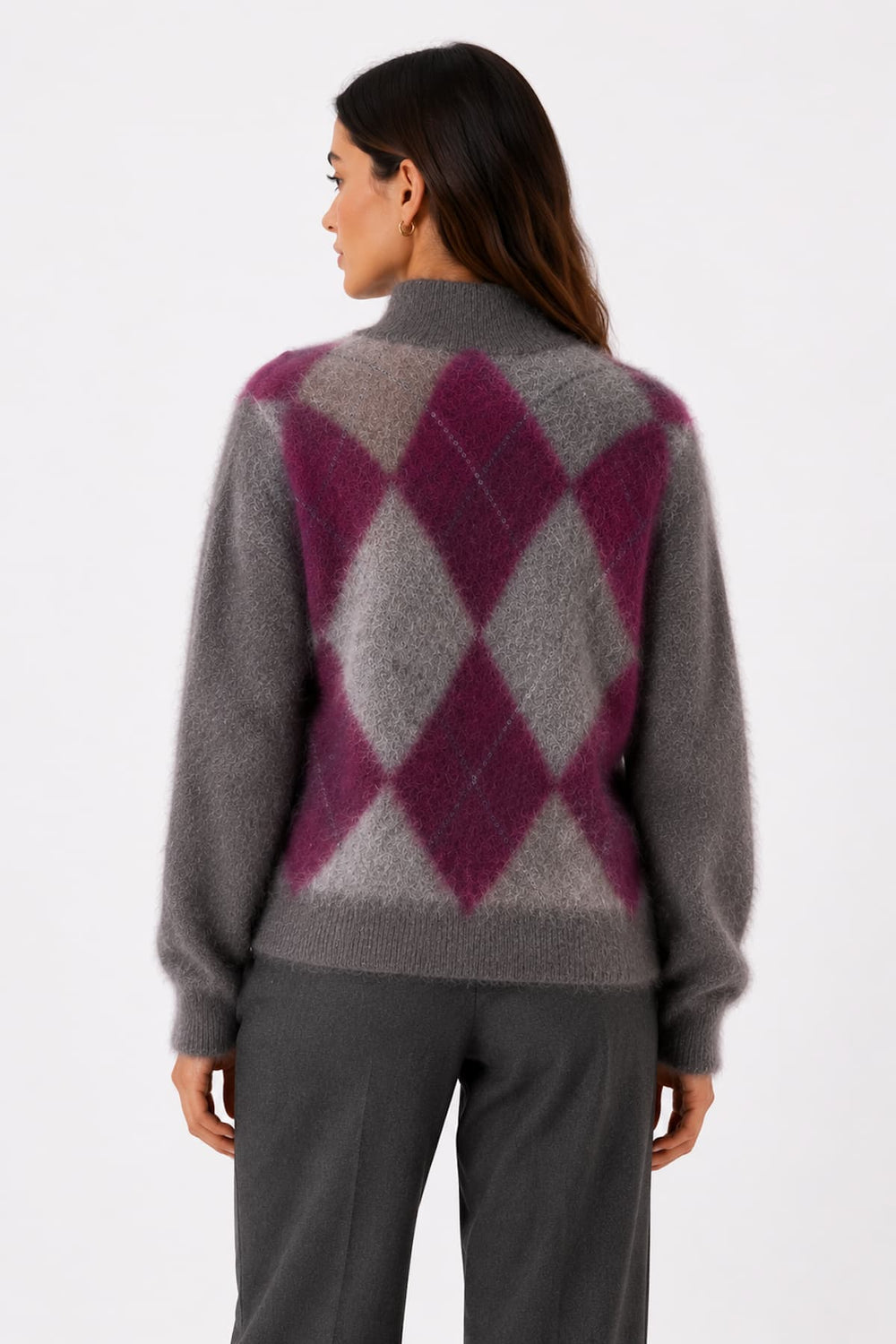 Vue de dos tricot losanges Repeat Cashmere bleu duveteux pour femme - Valérie Simon