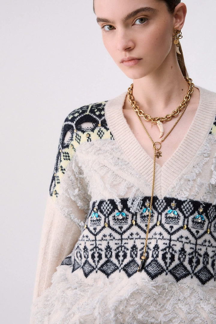 Tricot jacquard à col en V pour femme liujo