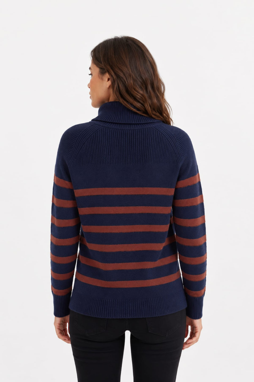 Tricot rayé à col roulé avec poche kangourou vue de face pour femme Coco y Club