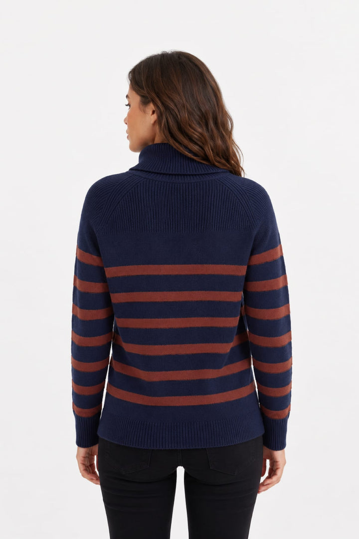 Tricot rayé à col roulé avec poche kangourou vue de face pour femme Coco y Club