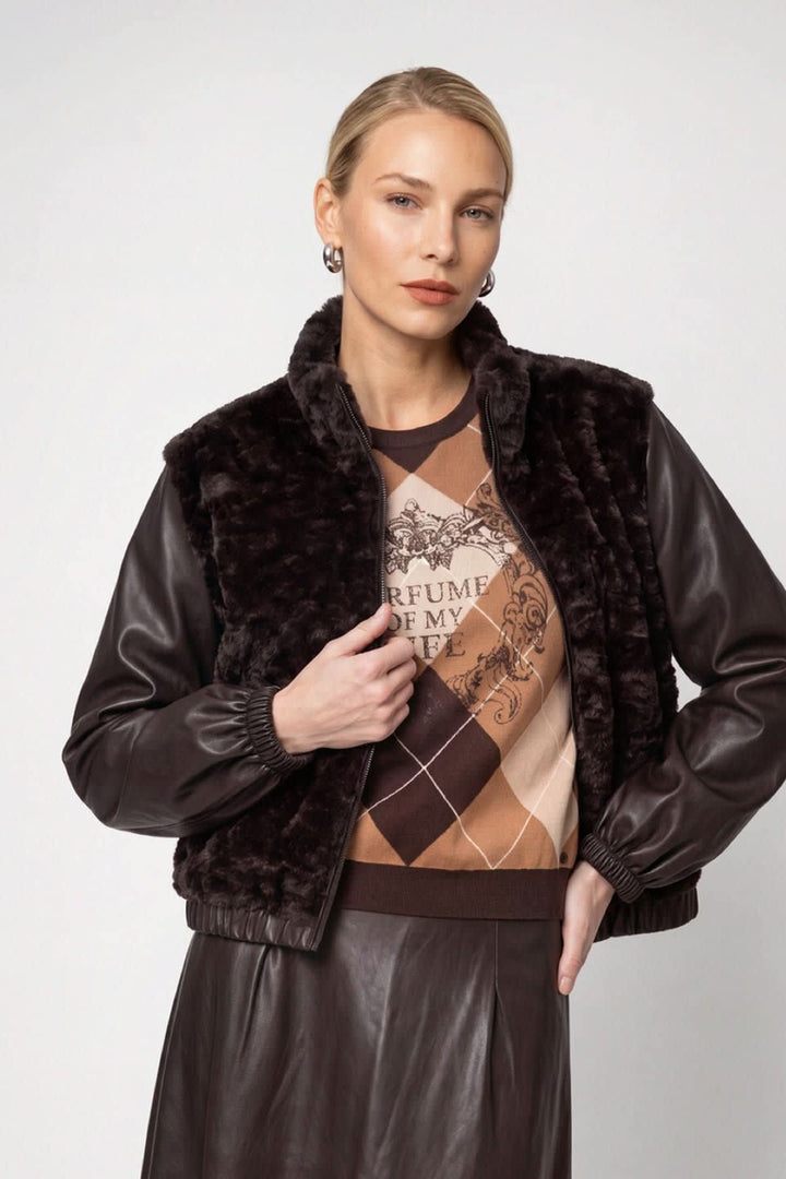 Veste en fausse fourrure à manches effet cuir pour femme Monari