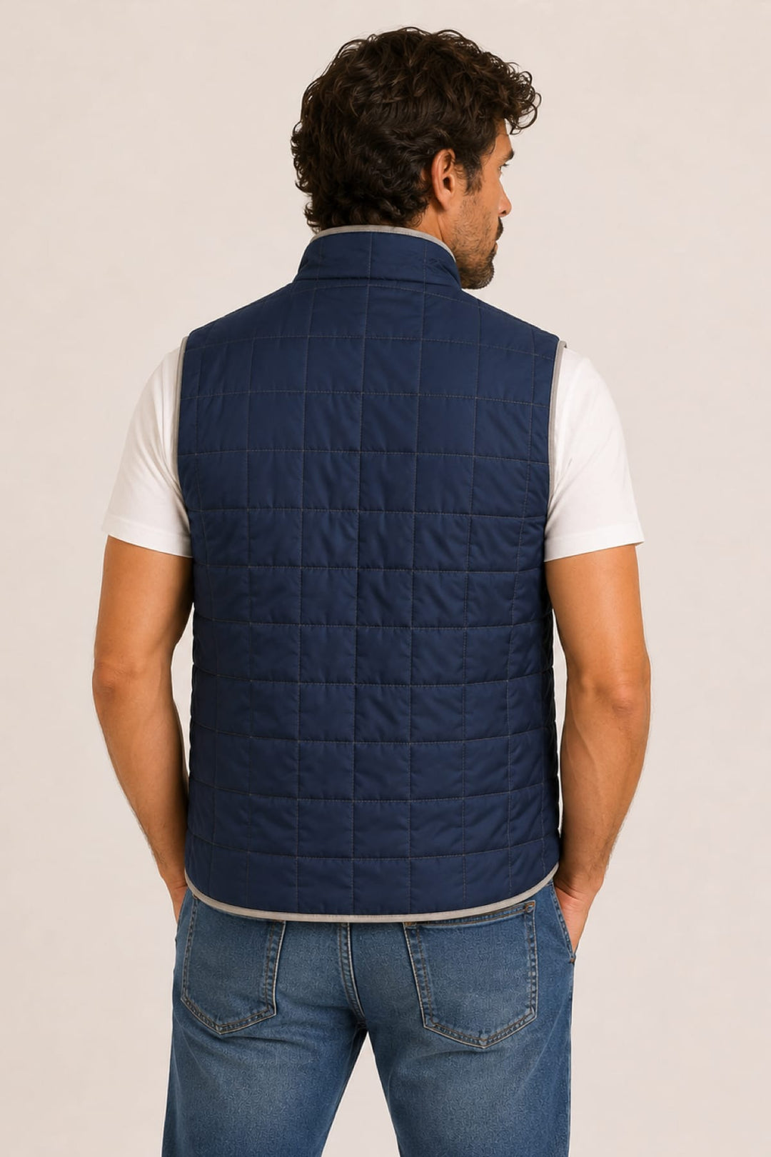 Vue côté veste sans manches Waterville col montant bleu marine - Valérie Simon