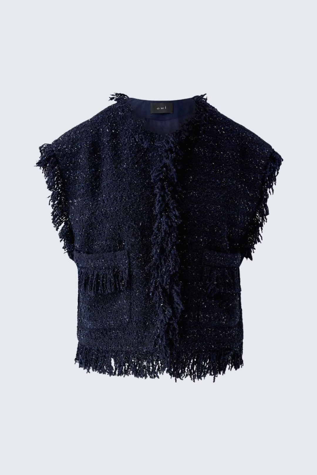 Veste sans manches bouclée à franges vue de face pour femme Oui