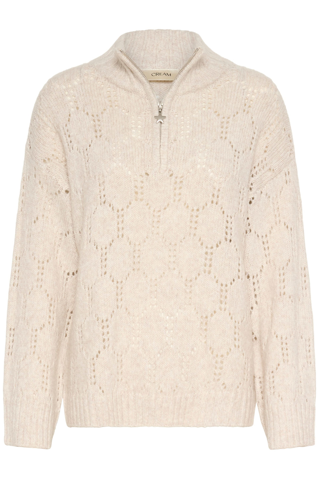 Chandail Zilla ajouré à demi-fermeture éclair en tricot texturé beige avec col montant pour style chic et douillet.