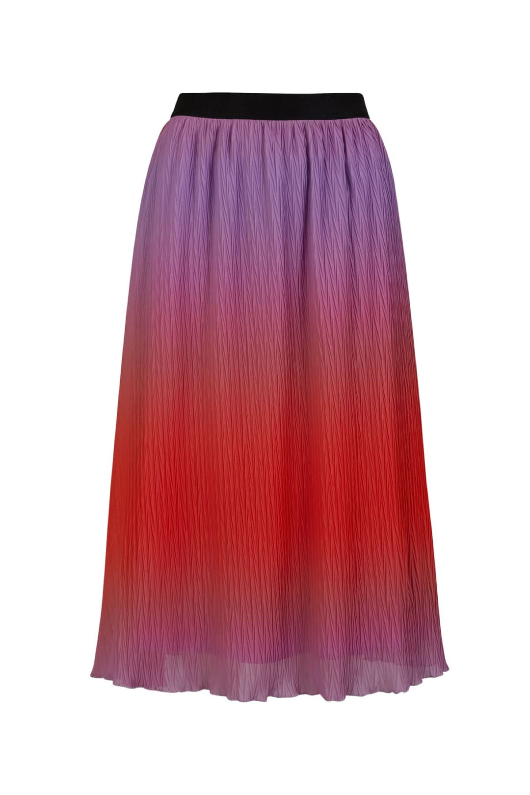 Jupe plissée dégradé avec bande élastique, longue jusqu'aux mollets, couleurs violettes et rouges.