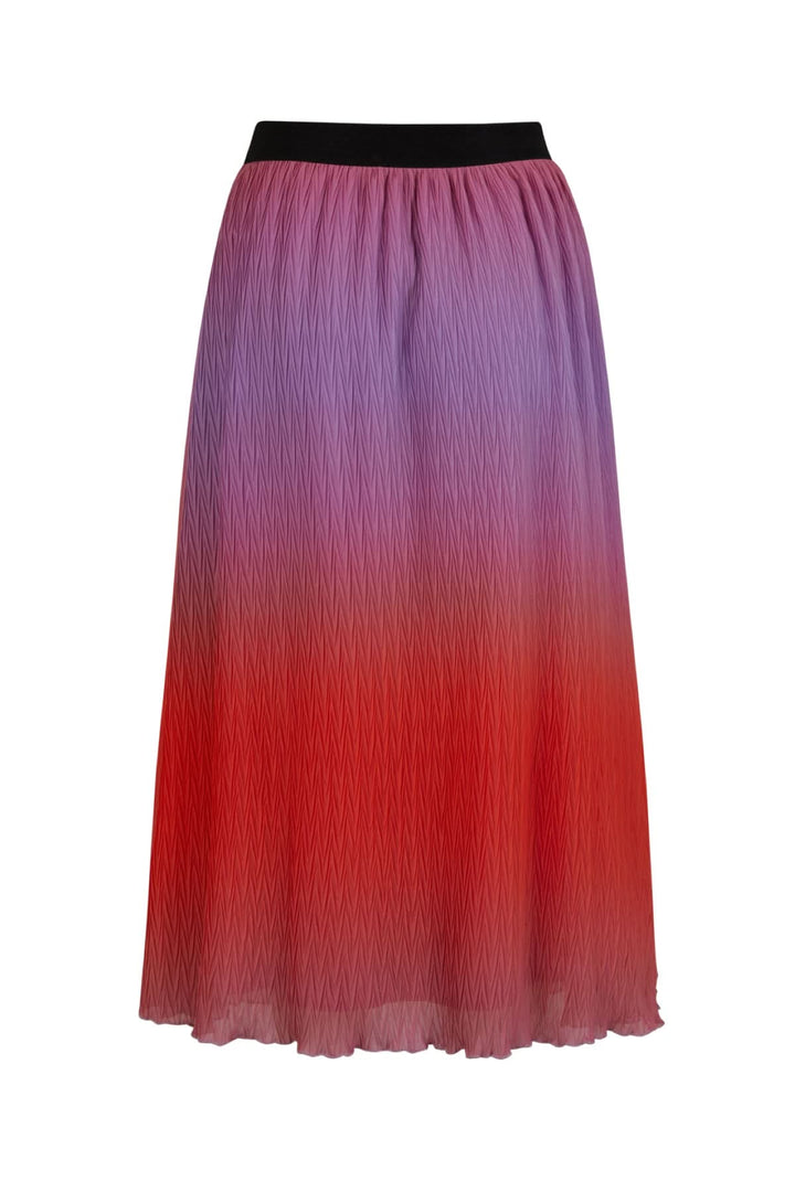 Jupe plissée dégradé avec nuances de rouge et violet, bande élastique noire, longueur jusqu'aux mollets.