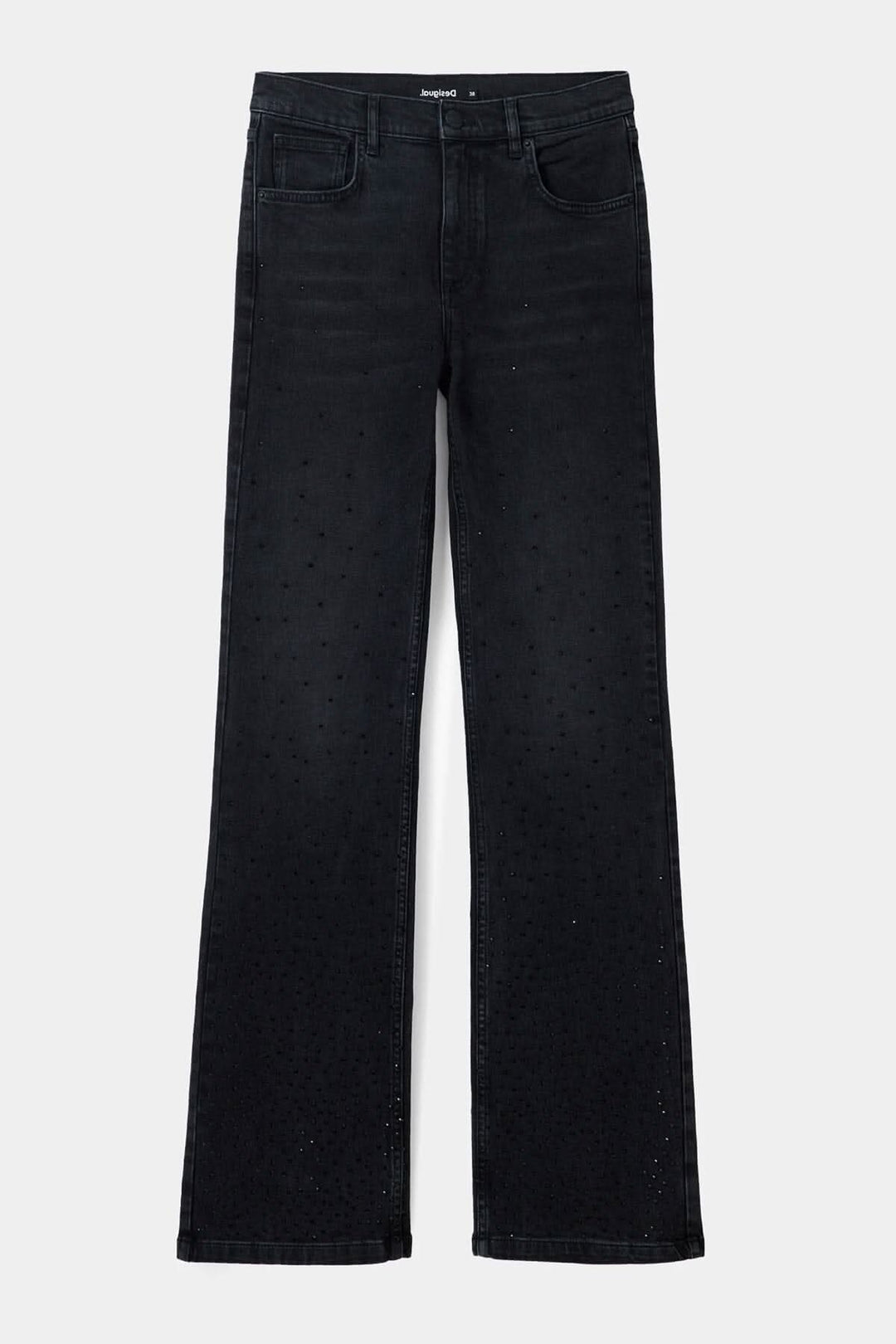 Jean noir taille haute large avec pierres brillantes, poches avant et arrière, tendance et élégant.