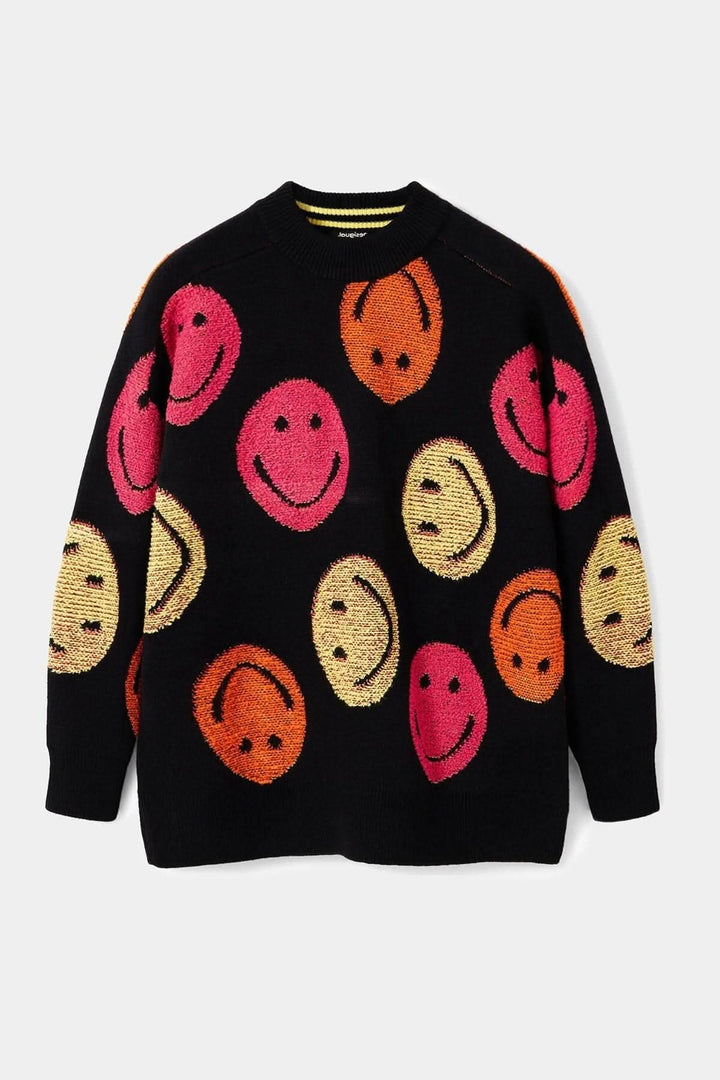 Pull ample en grosse maille noire avec imprimé coloré de bonhommes sourire.