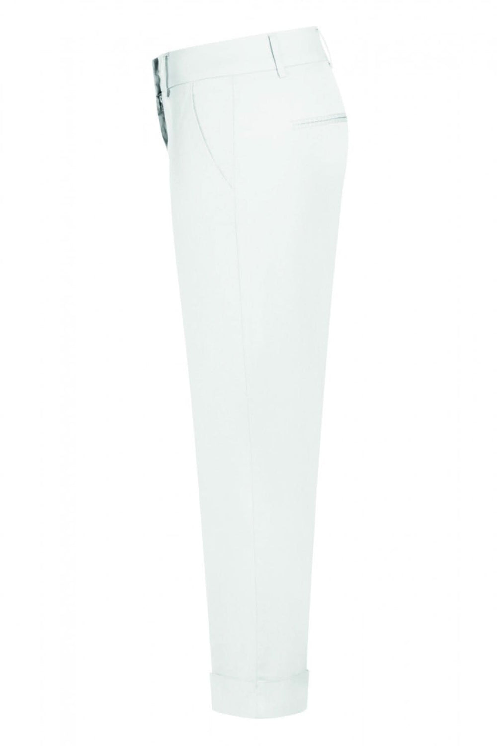 Pantalon Dora 6/8 blanc, moderne et classique, avec ourlet côtelé, vu de côté.