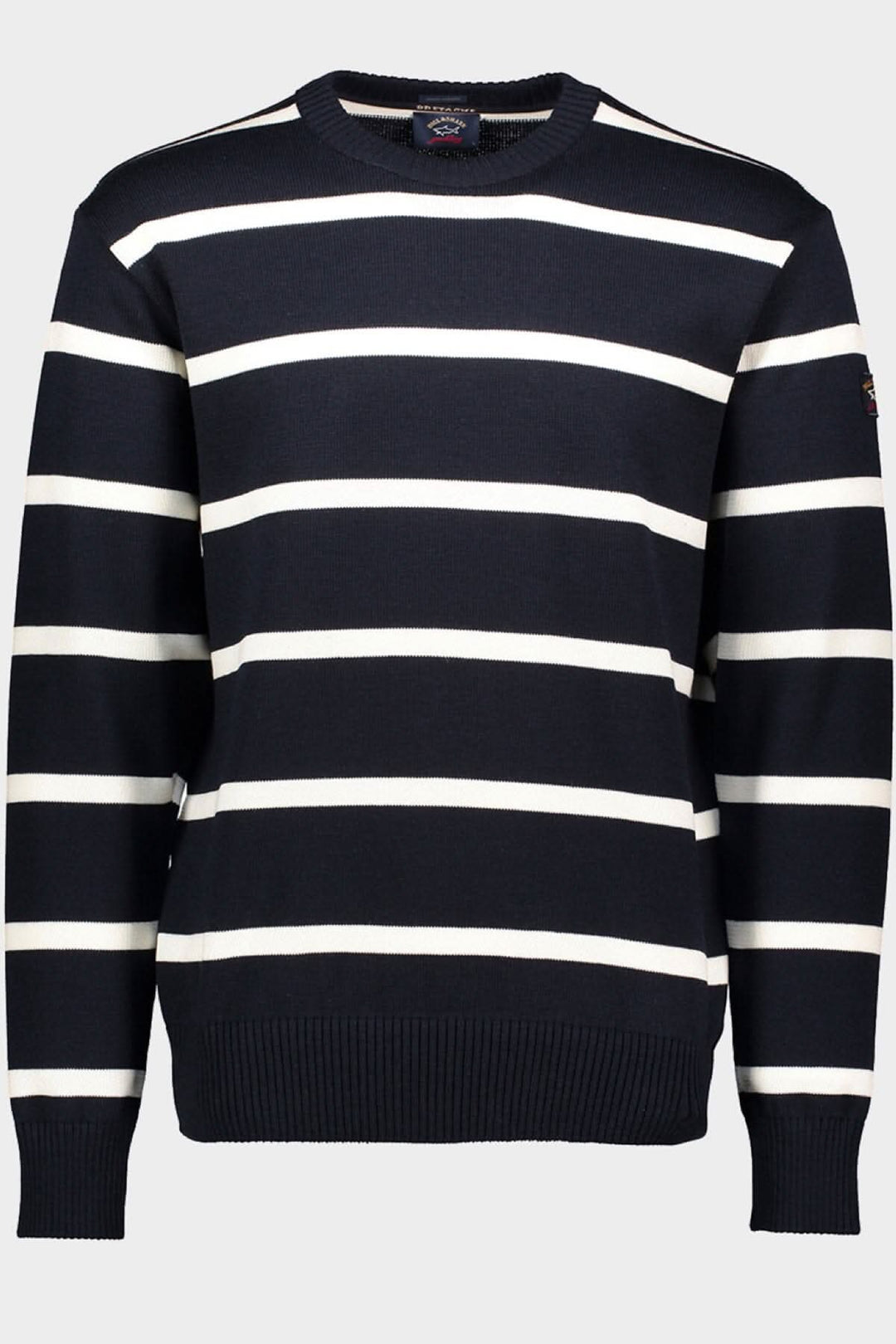 Pull en laine à rayures blanches et marines de Paul & Shark, col rond et manches longues, parfait pour l'automne.