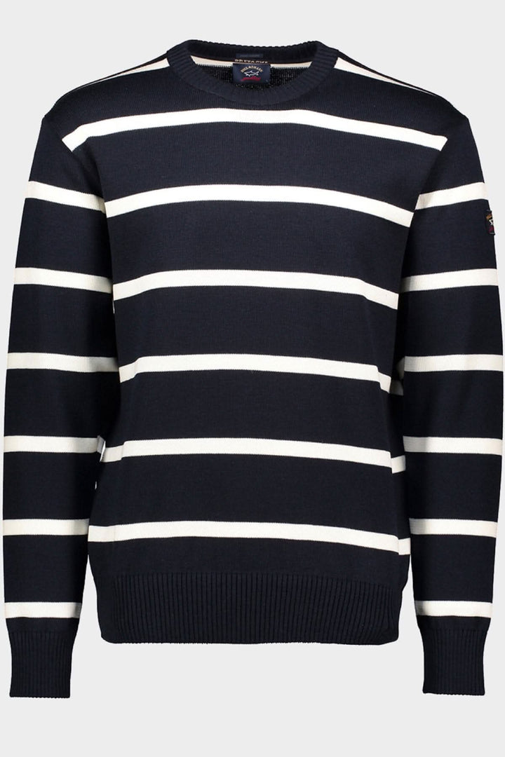 Pull en laine à rayures blanches et marines de Paul & Shark, col rond et manches longues, parfait pour l'automne.