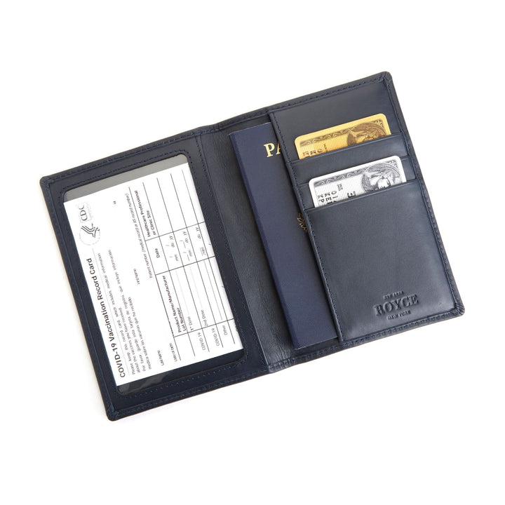 RFID blocking vaccine card passport wallet with clear window, holding vaccination card, passport, and credit card.