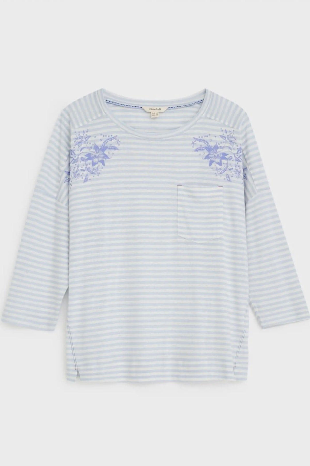 T-shirt Lennox léger à rayures bleu, manches longues, encolure ronde et poche poitrine.